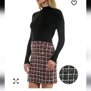 BCX Women Combo Tweed-Skirt Long-Sleeve Sweater Dress Sz L NWT Detail Button